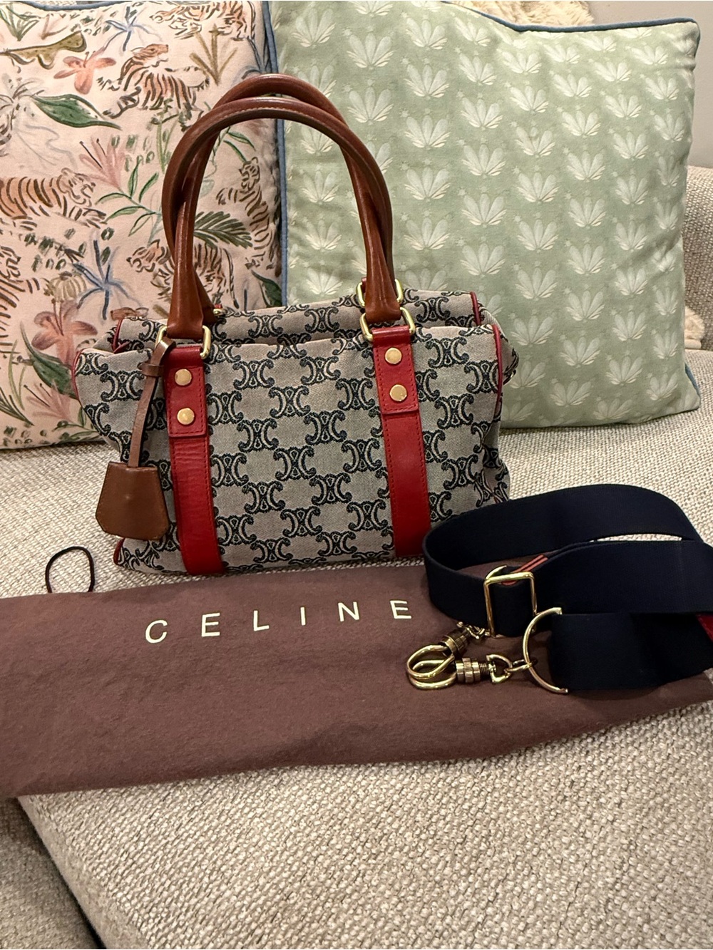 Vintage Celine Macadam Triomphe Boston Bag — Navy Blue & Red